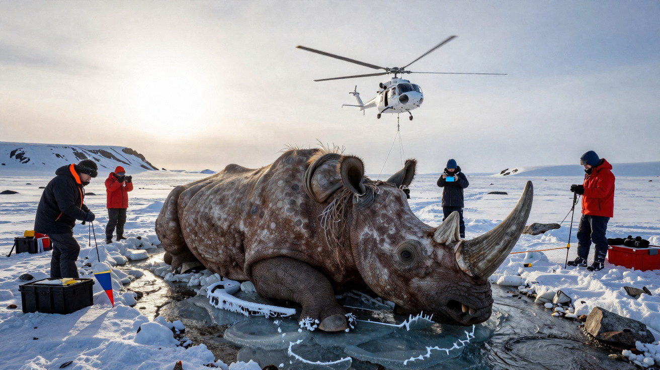 Helicóptero e pessoas ao redor de rinoceronte congelado em região nevada durante pesquisa científica.