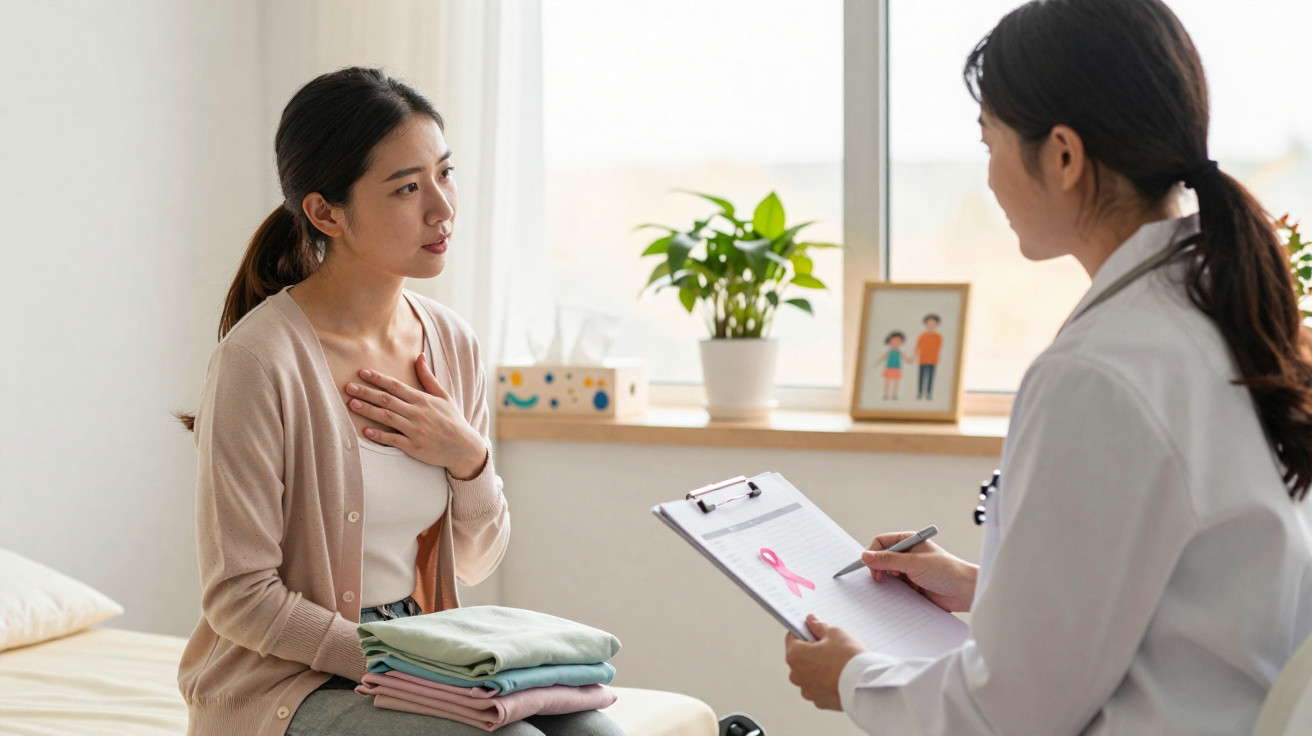 Mulher conversando com médica em consultório, segurando roupas dobradas no colo, ambiente iluminado.
