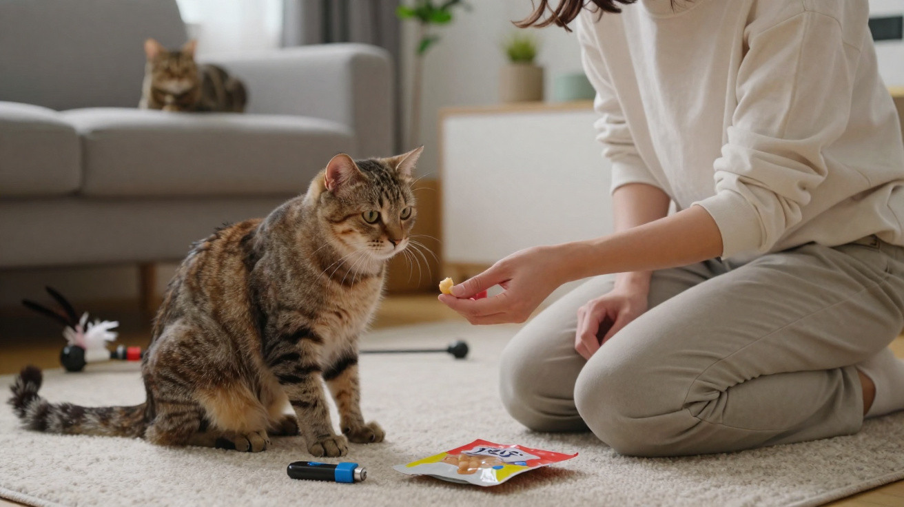 Pessoa oferece petisco para gato sentado no tapete, com outro gato no sofá ao fundo, em sala iluminada.