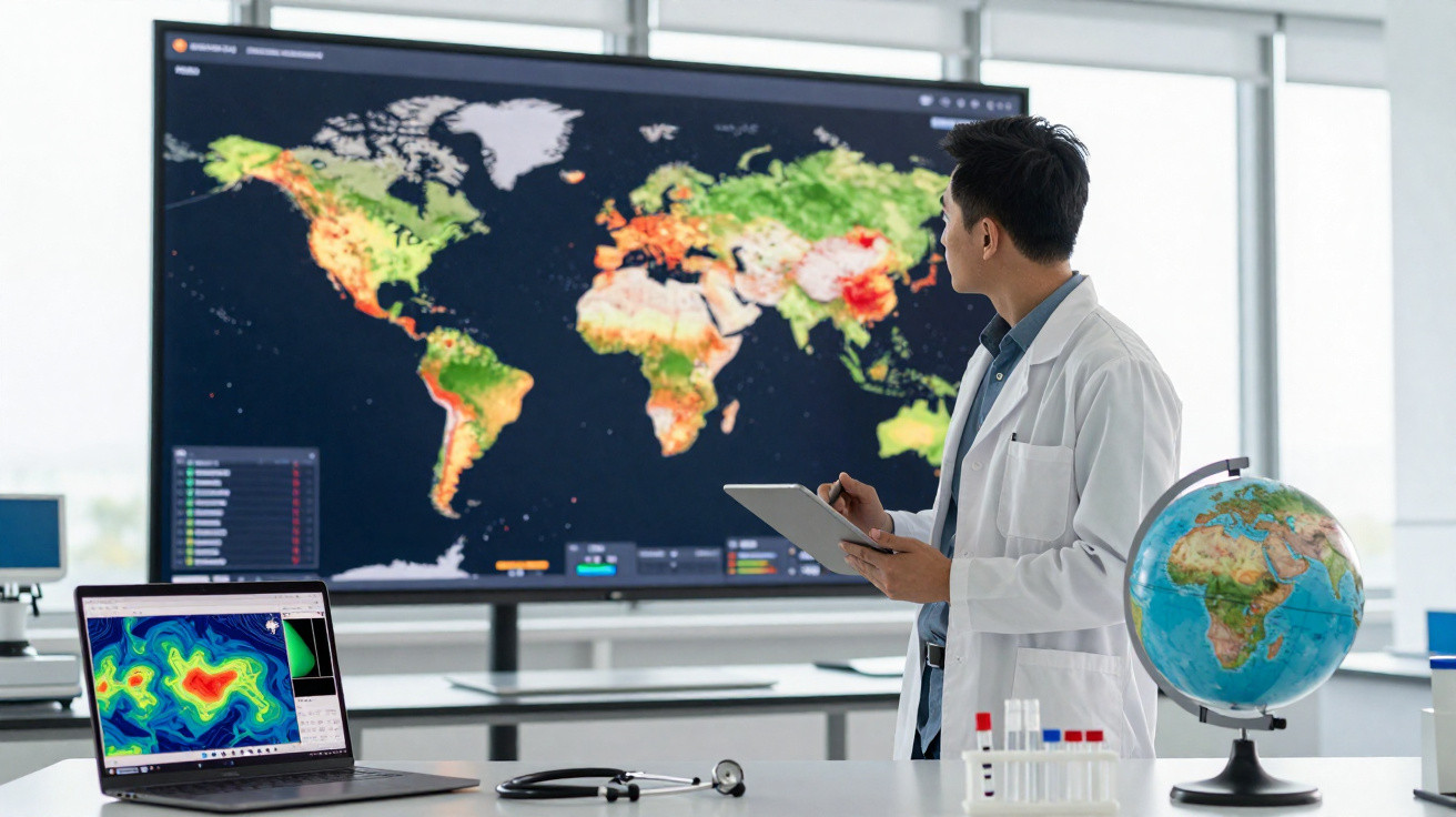Cientista analisa mapas climáticos e mapas de calor da Terra em laboratório moderno.