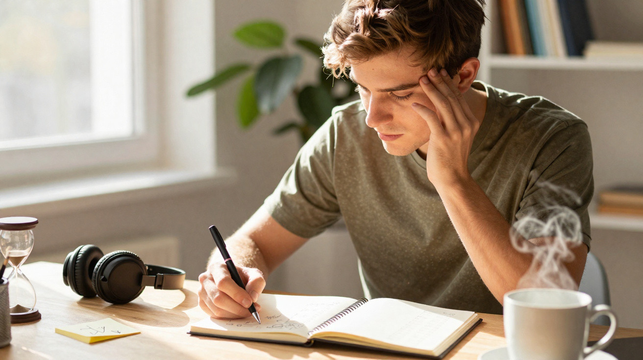 Jovem concentrado escrevendo em caderno à mesa com fones, ampulheta e xícara de café fumegante ao lado.