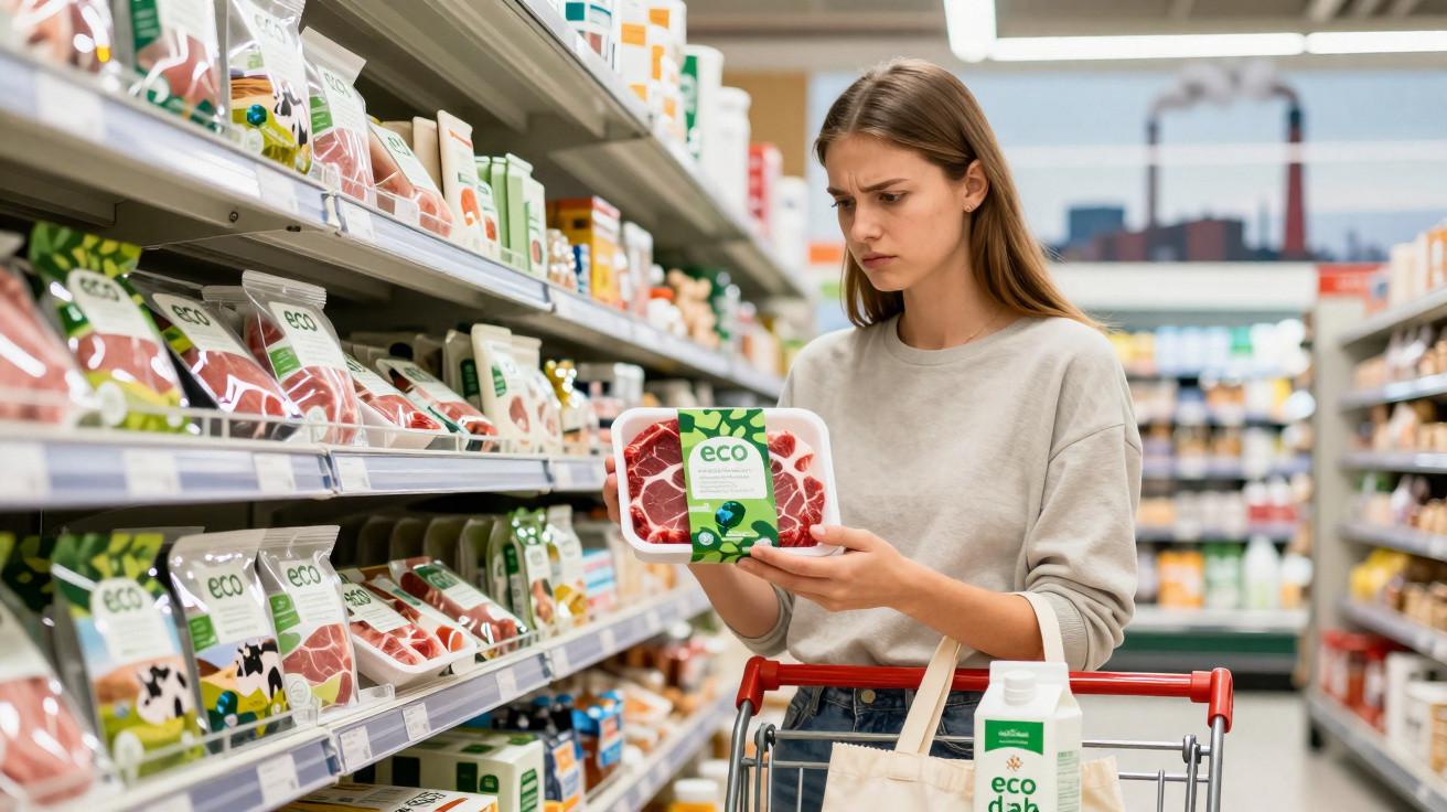 Mulher analisando embalagem de carne com rótulo eco em supermercado, ao lado de carrinho de compras.
