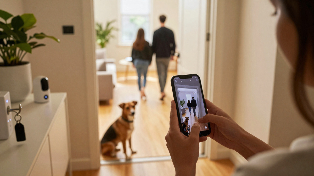 Pessoa tira foto com celular de casal caminhando e cachorro sentado ao chão em casa.