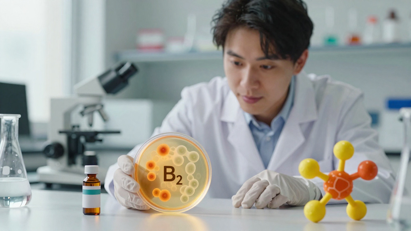 Cientista em jaleco branco observa cultura bacteriana marcada como vitamina B2 em laboratório moderno.