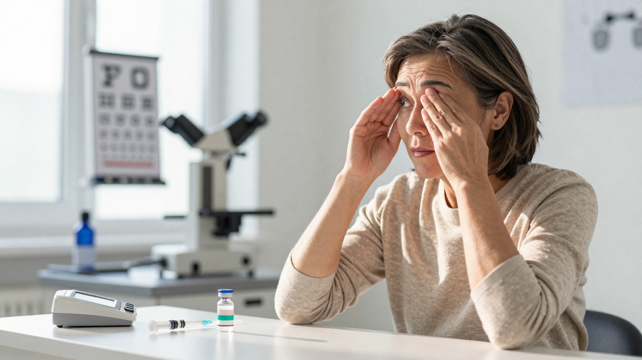 Mulher na clínica de olhos esfregando os olhos com mão, mesa com seringa, frasco e aparelho médico.