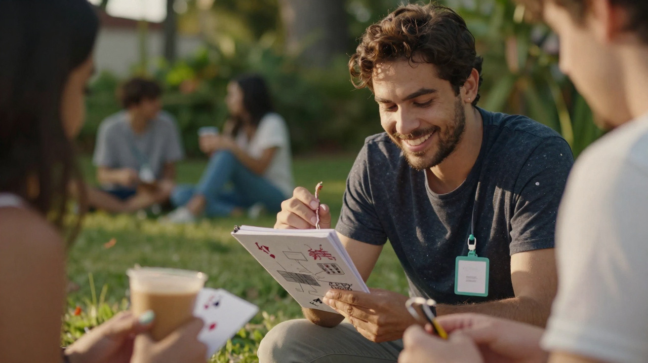Jovens sentados na grama, interagindo e sorrindo durante atividade ao ar livre em dia ensolarado.
