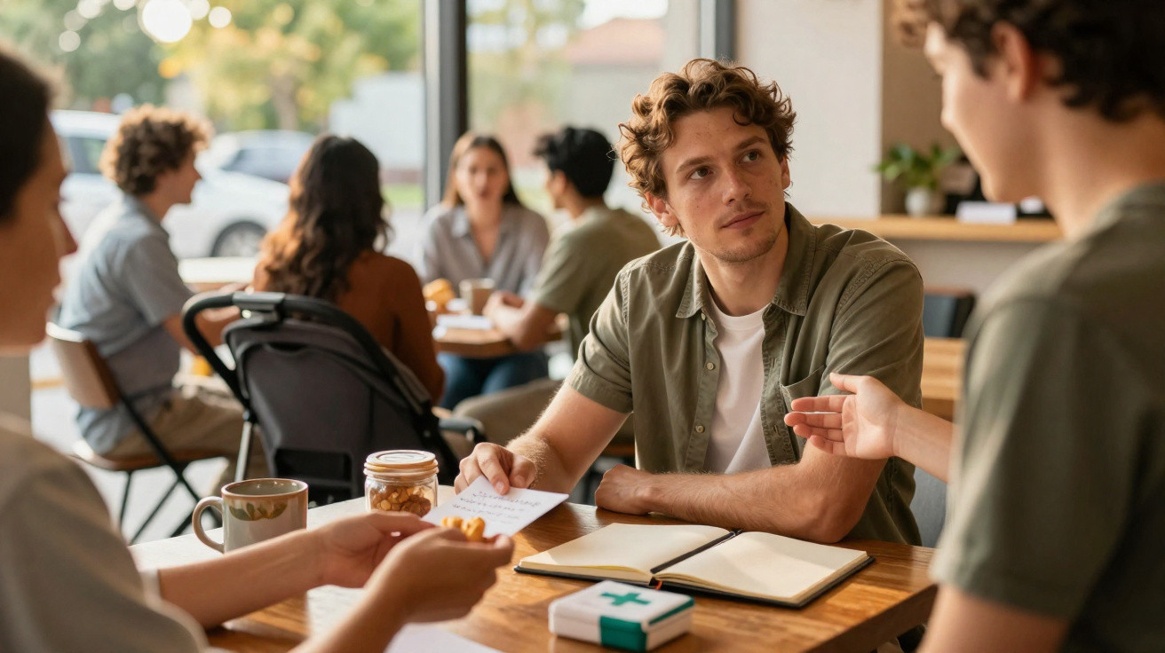 Jovens conversando em café, com caderno aberto e remédios sobre a mesa, em ambiente descontraído.