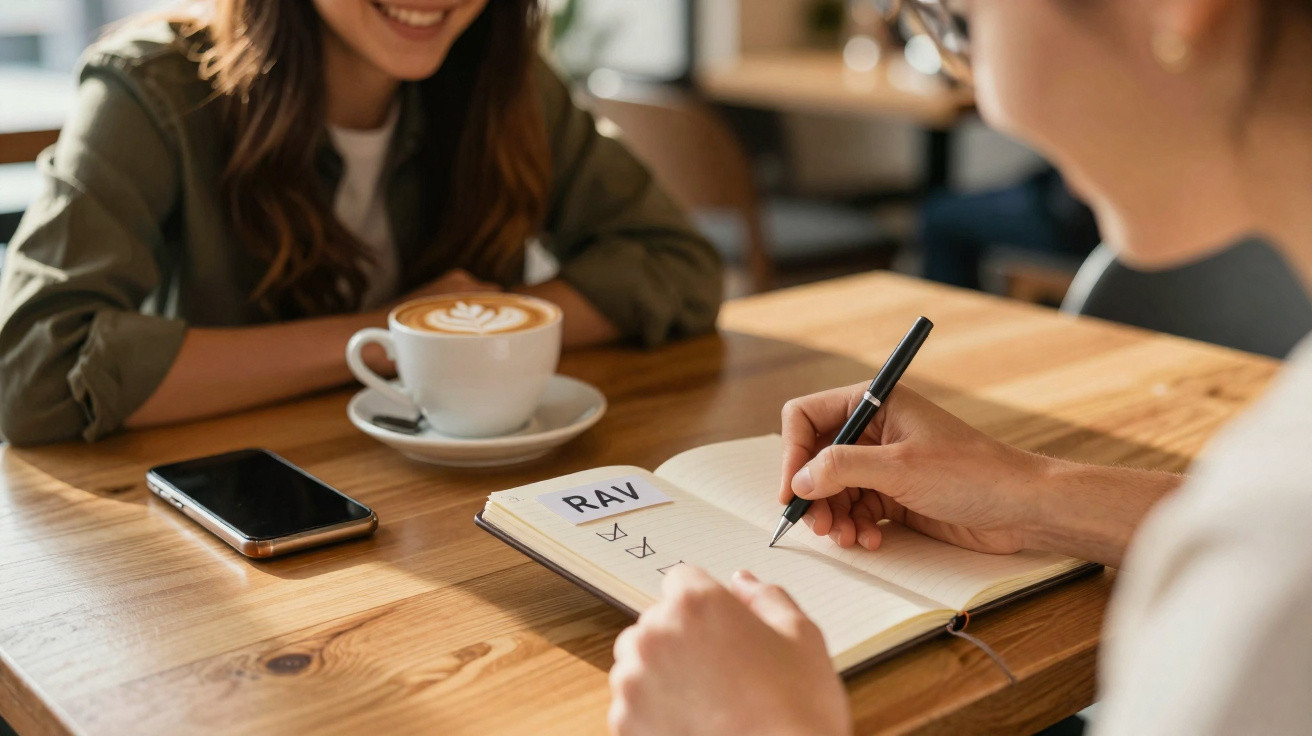Pessoas sentadas conversando em uma mesa de madeira, com café, celular e lista de tarefas em caderno.