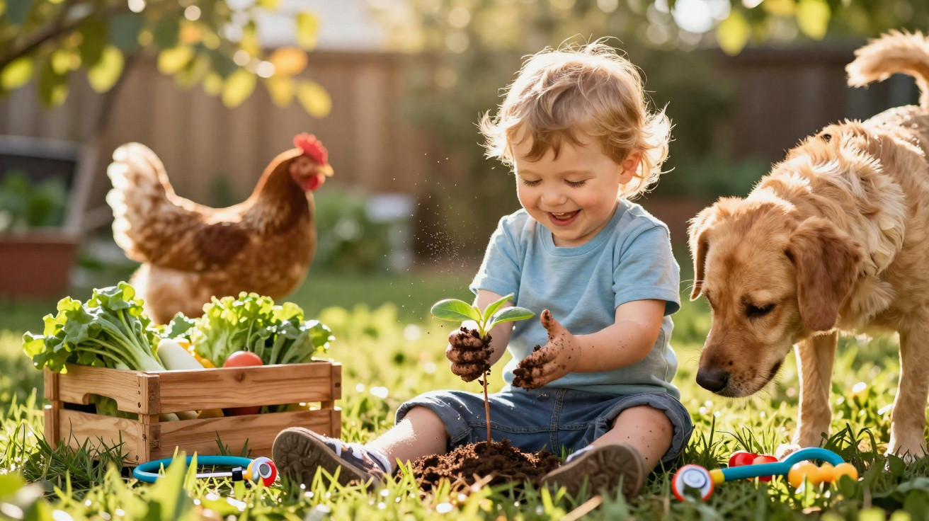 Criança sorrindo plantando mudinha no jardim, com cachorro e galinha ao redor em dia ensolarado.