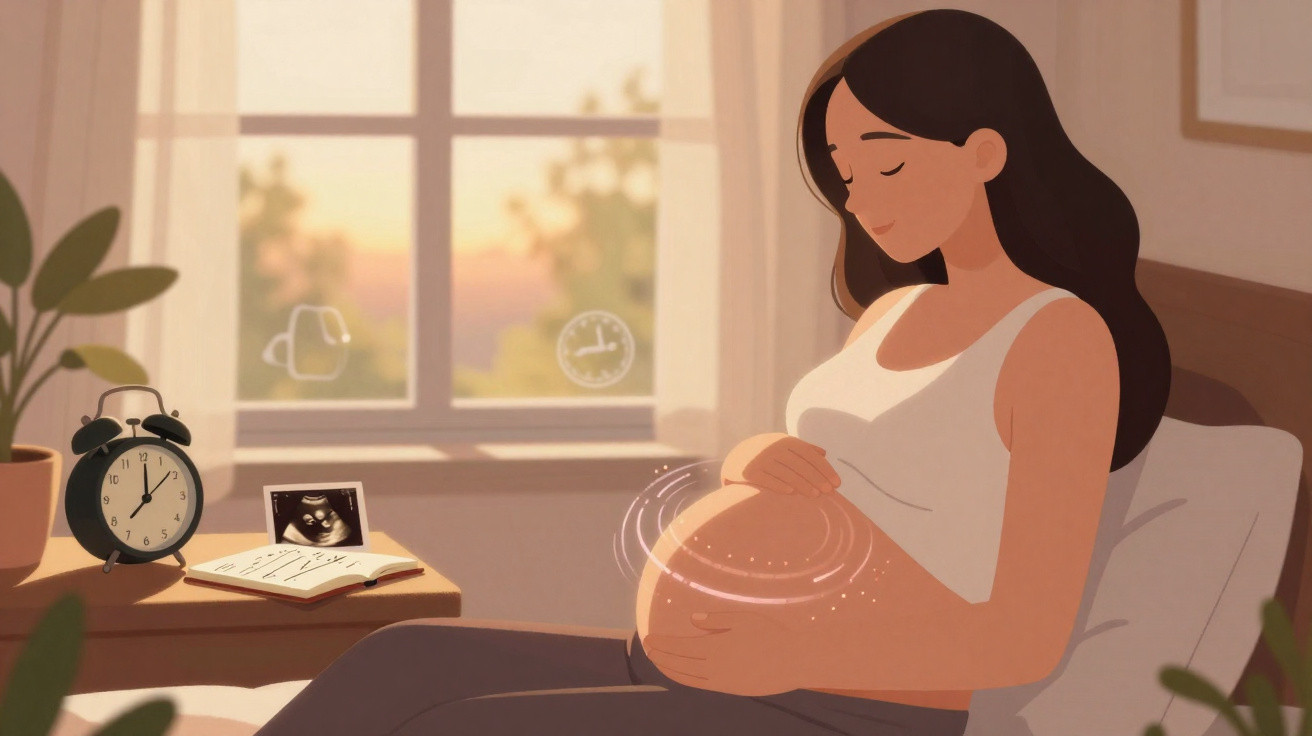 Mulher grávida acariciando a barriga sentada em cama, com janela e relógio ao fundo.
