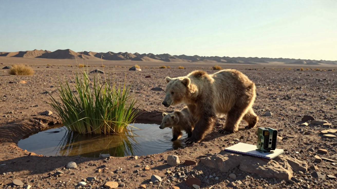 Ursa e filhote bebendo água em poça no deserto com câmera e caderno ao lado.