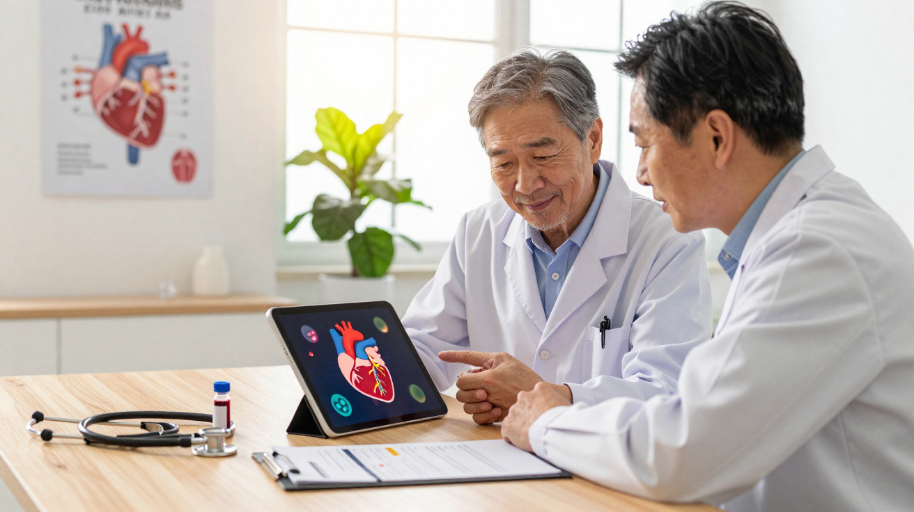 Dois médicos asiáticos analisando imagem de coração em tablet em consultório iluminado.