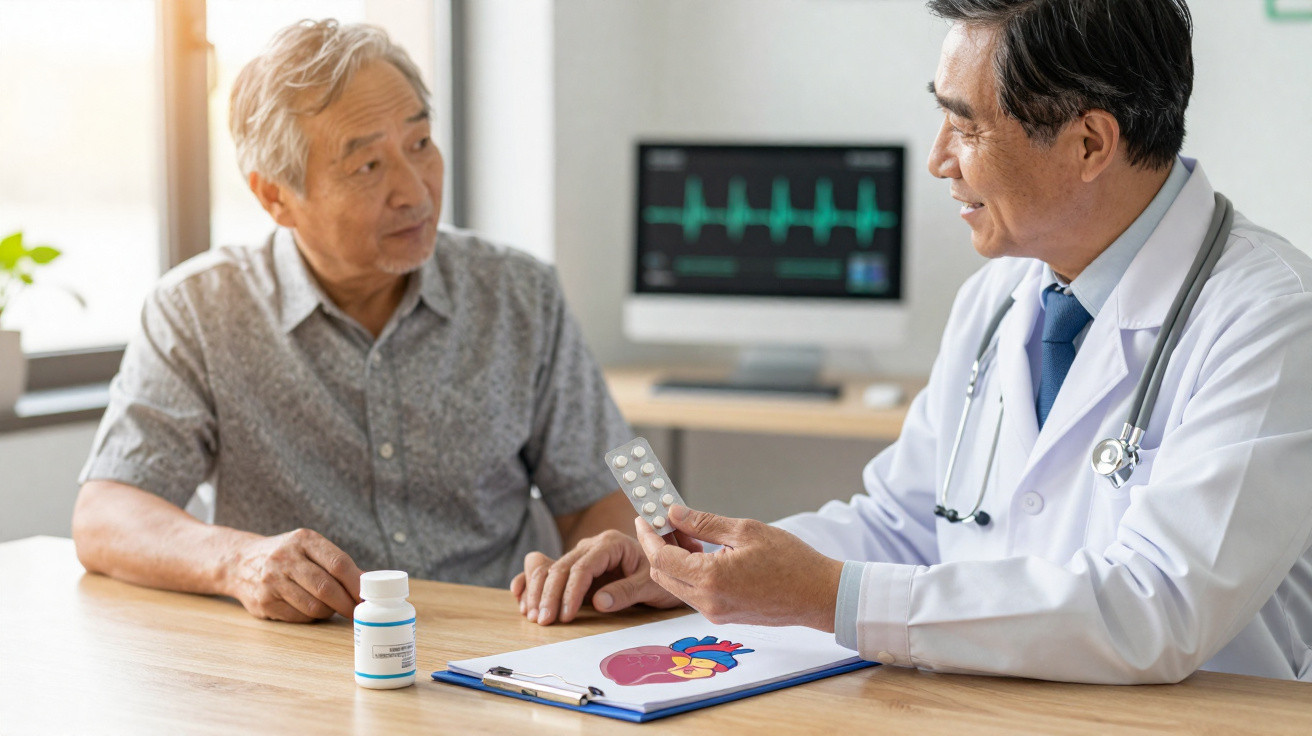 Médico explica medicamento para idoso em consulta, com desenho de coração sobre a mesa e monitor cardíaco ao fundo.