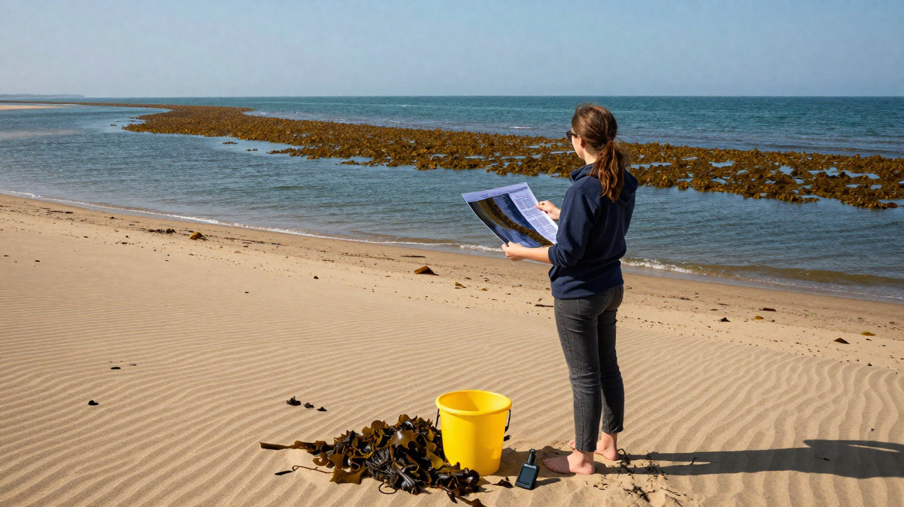 Pessoa em praia deserta com mapa, balde amarelo e vegetação marinha ao redor, olhando para o mar.