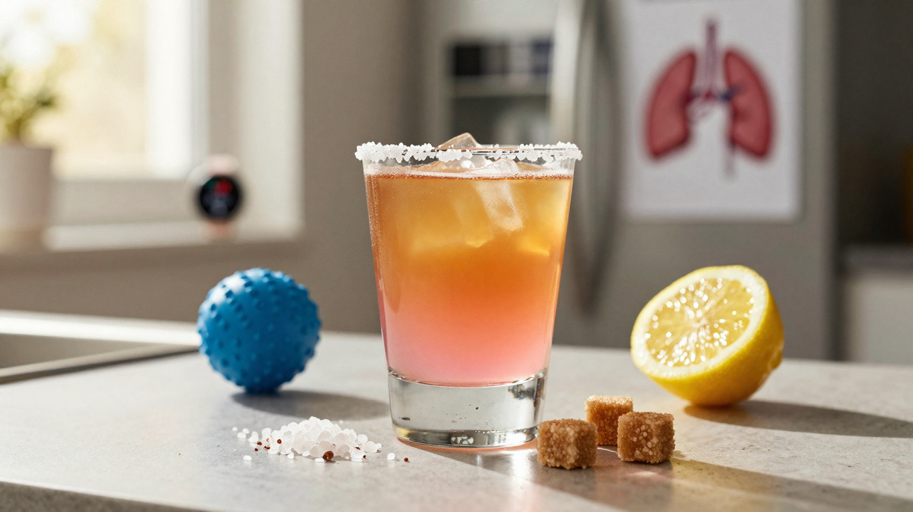 Copo com drink colorido e gelo, decorado com sal, ao lado de meio limão, cubos de açúcar e bola azul.