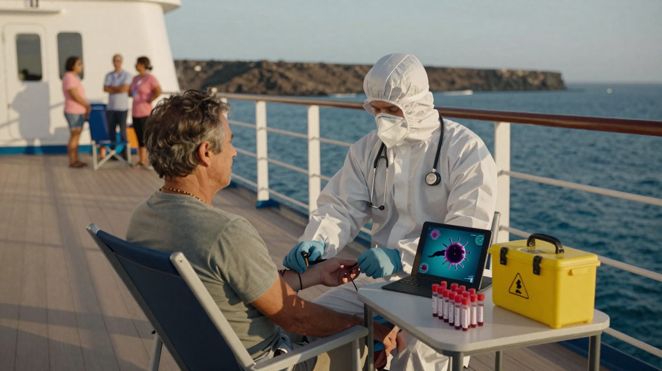 Profissional de saúde com EPI coleta amostra de sangue de homem em navio durante exame médico.