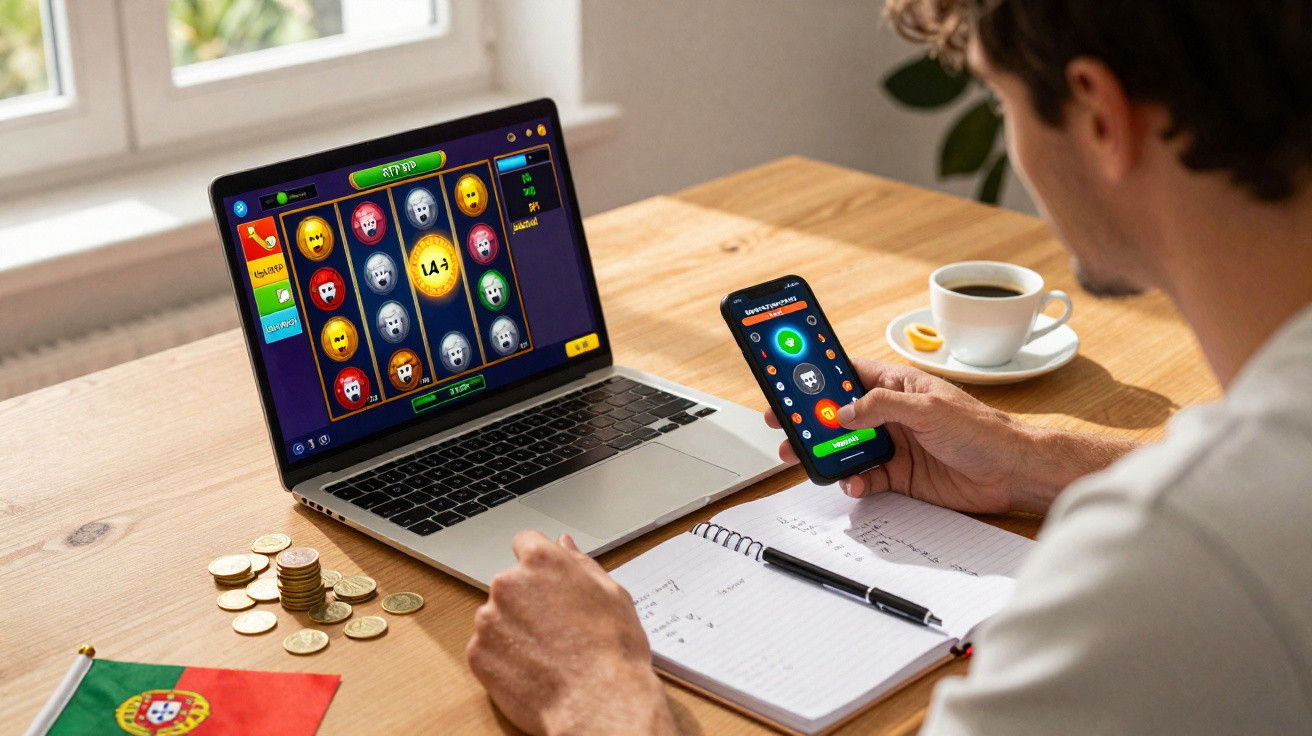 Pessoa usando laptop e celular para jogo de cassino online, com caderno, moedas e bandeira de Portugal sobre mesa.