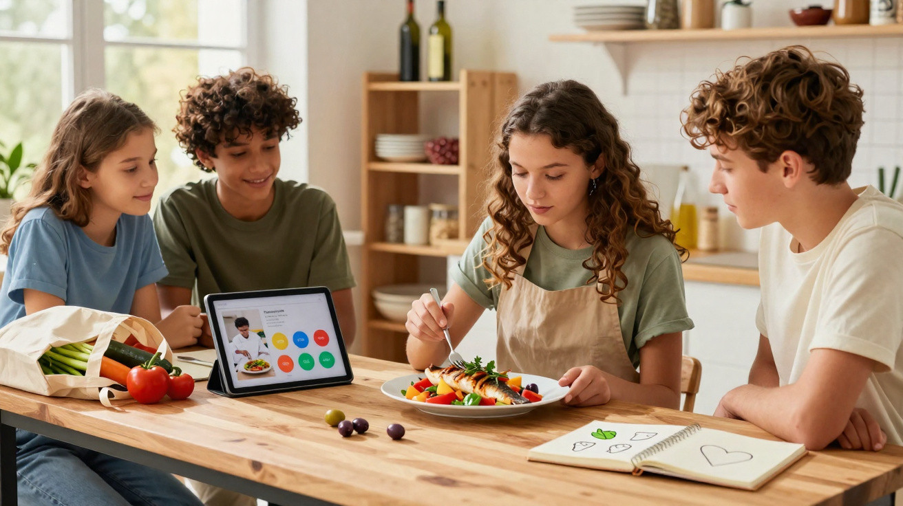 Grupo de adolescentes em cozinha, com tablet, preparando e observando prato de comida saudável.