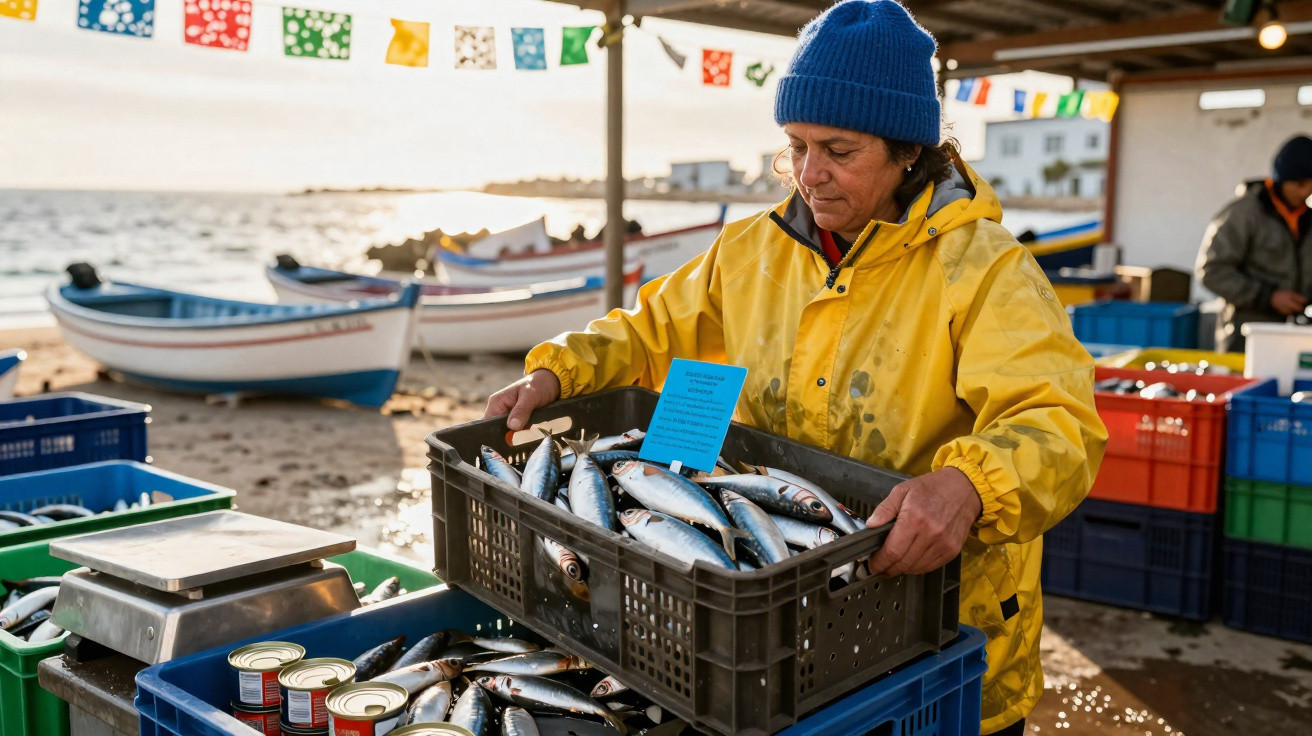 Mulher com jaqueta amarela e gorro azul organizando peixe fresco em caixas plásticas na feira de pescados.