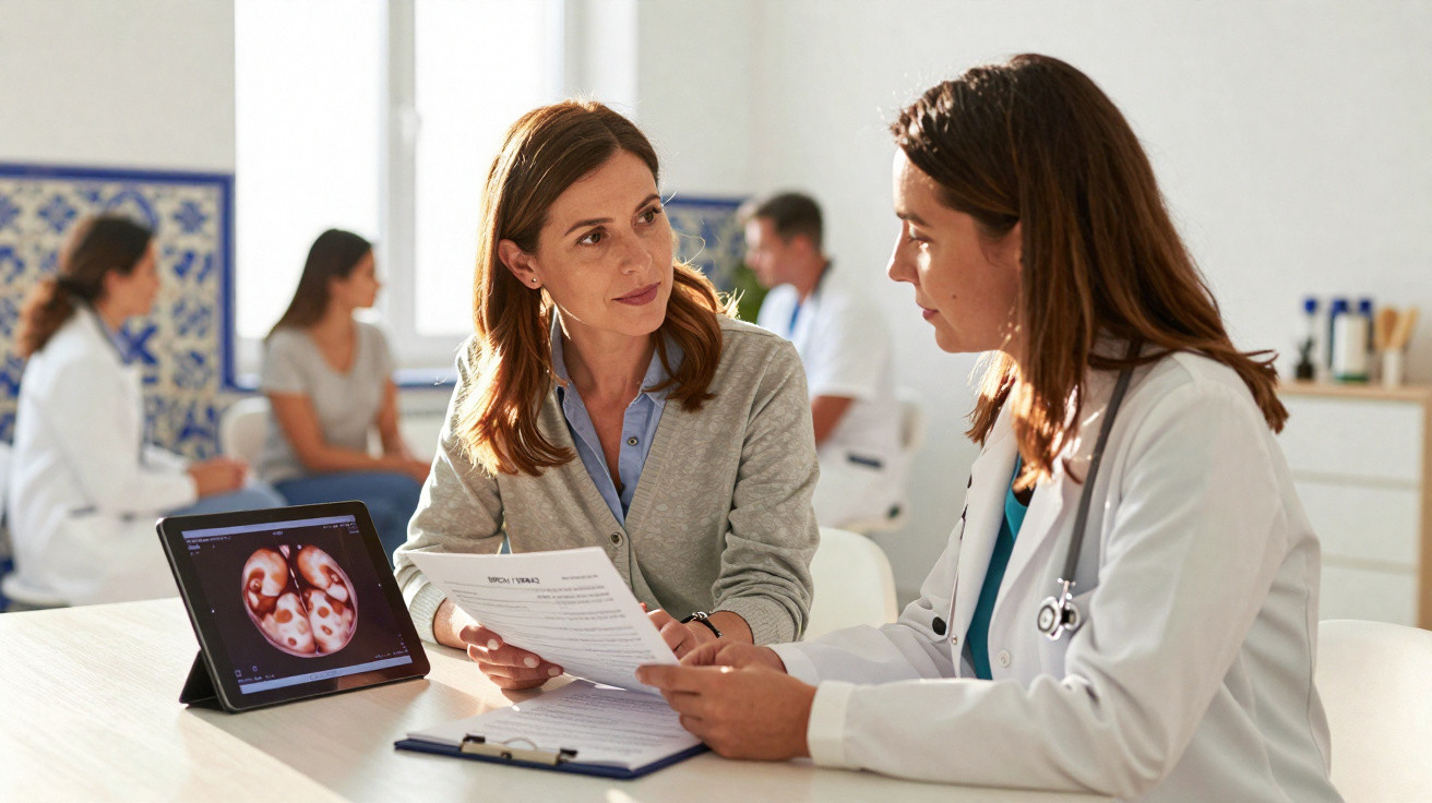 Médica conversa com paciente segurando documentos, com imagem de exame em tablet na mesa em consultório.