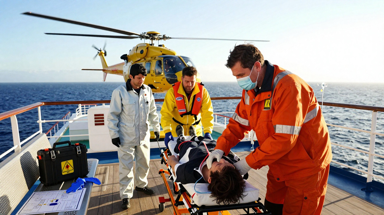 Equipe médica realizando atendimento a paciente em maca no convés de navio com helicóptero amarelo ao fundo.