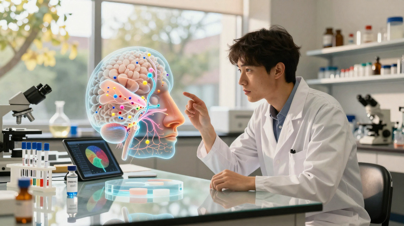 Cientista em laboratório estudando modelo holográfico do cérebro humano com conexões neurais coloridas.