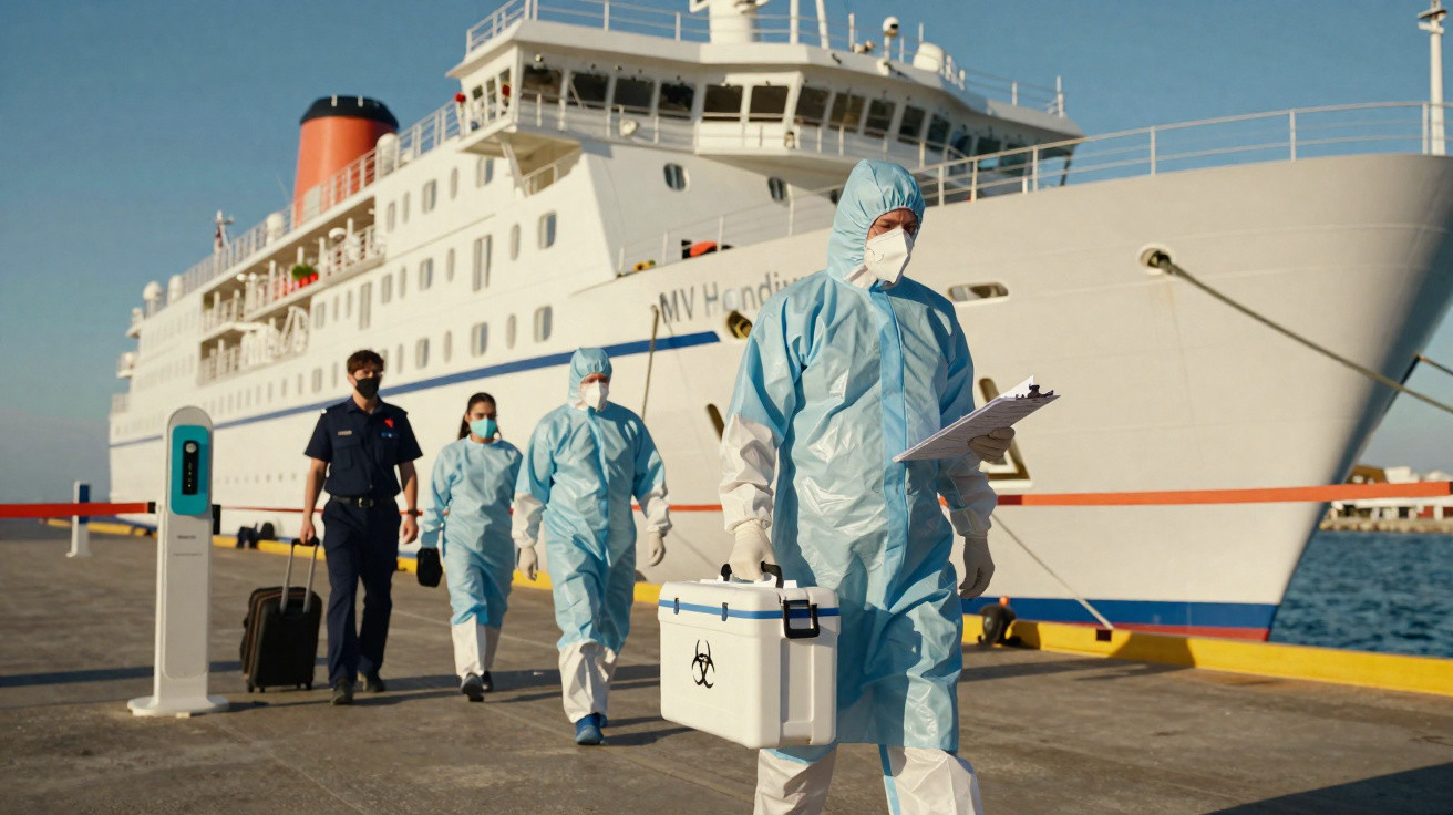 Equipe médica com EPIs realiza inspeção sanitária em navio atracado no porto durante o dia.