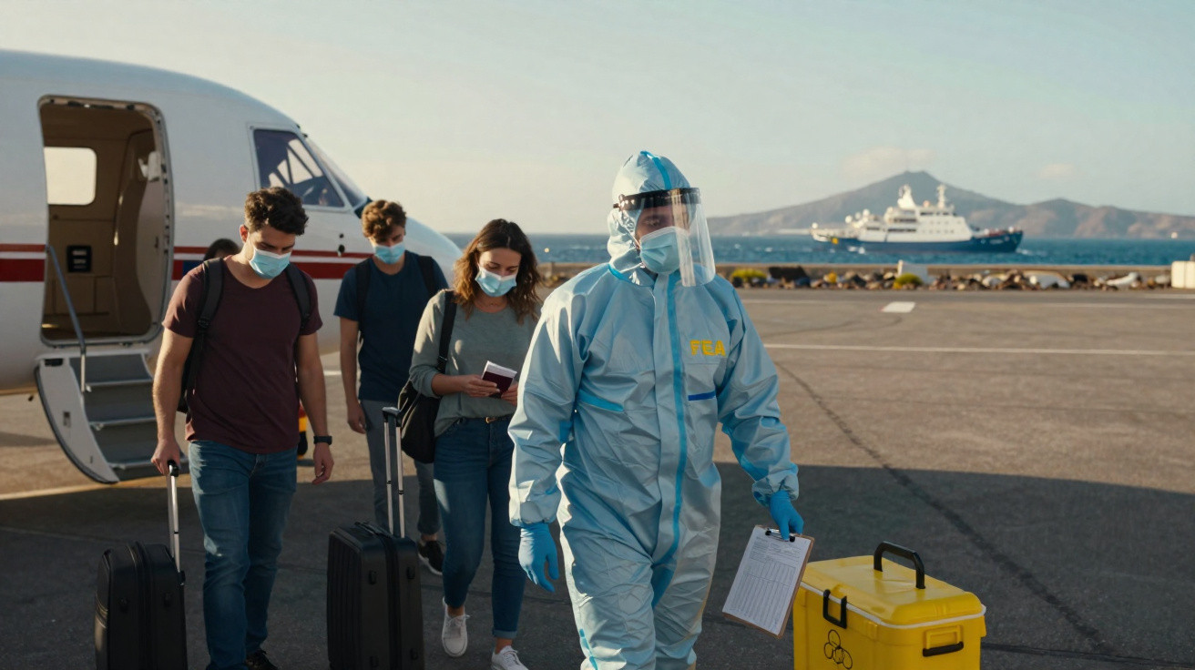 Pessoa com traje de proteção conduz caixa amarela no aeroporto com passageiros usando máscaras e avião ao fundo.