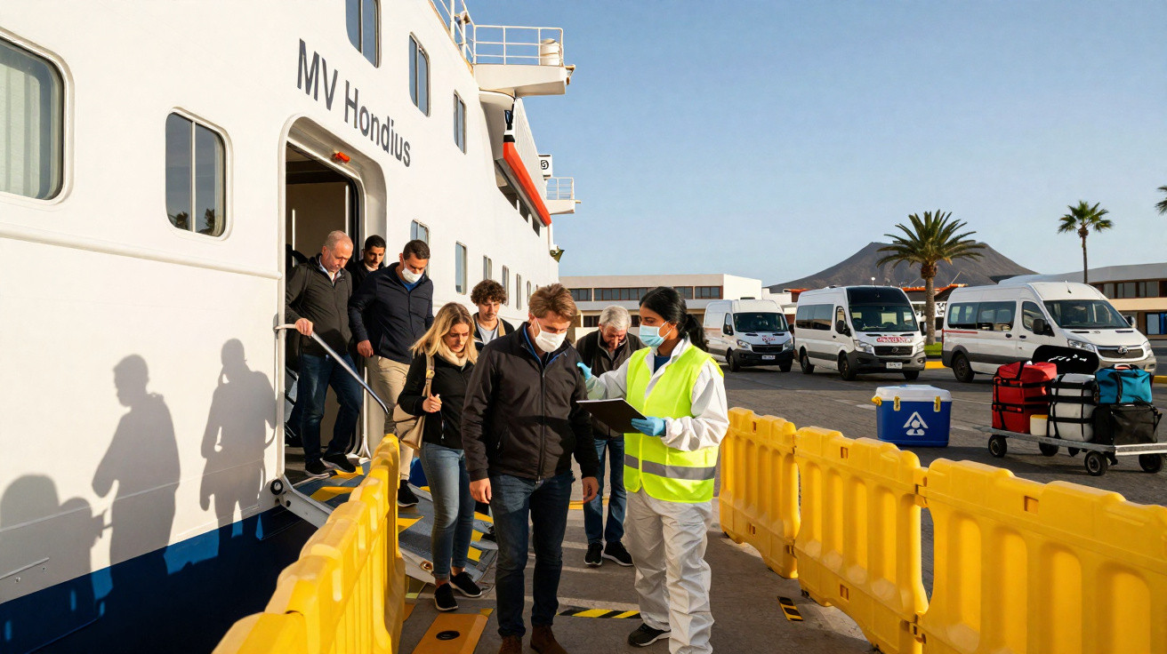Passageiros desembarcando do navio MV Hondius e sendo orientados por funcionária com colete amarelo e máscara.