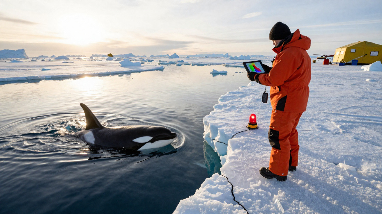 Pesquisador em roupa laranja monitora orca com tablet na borda de gelo em região polar.