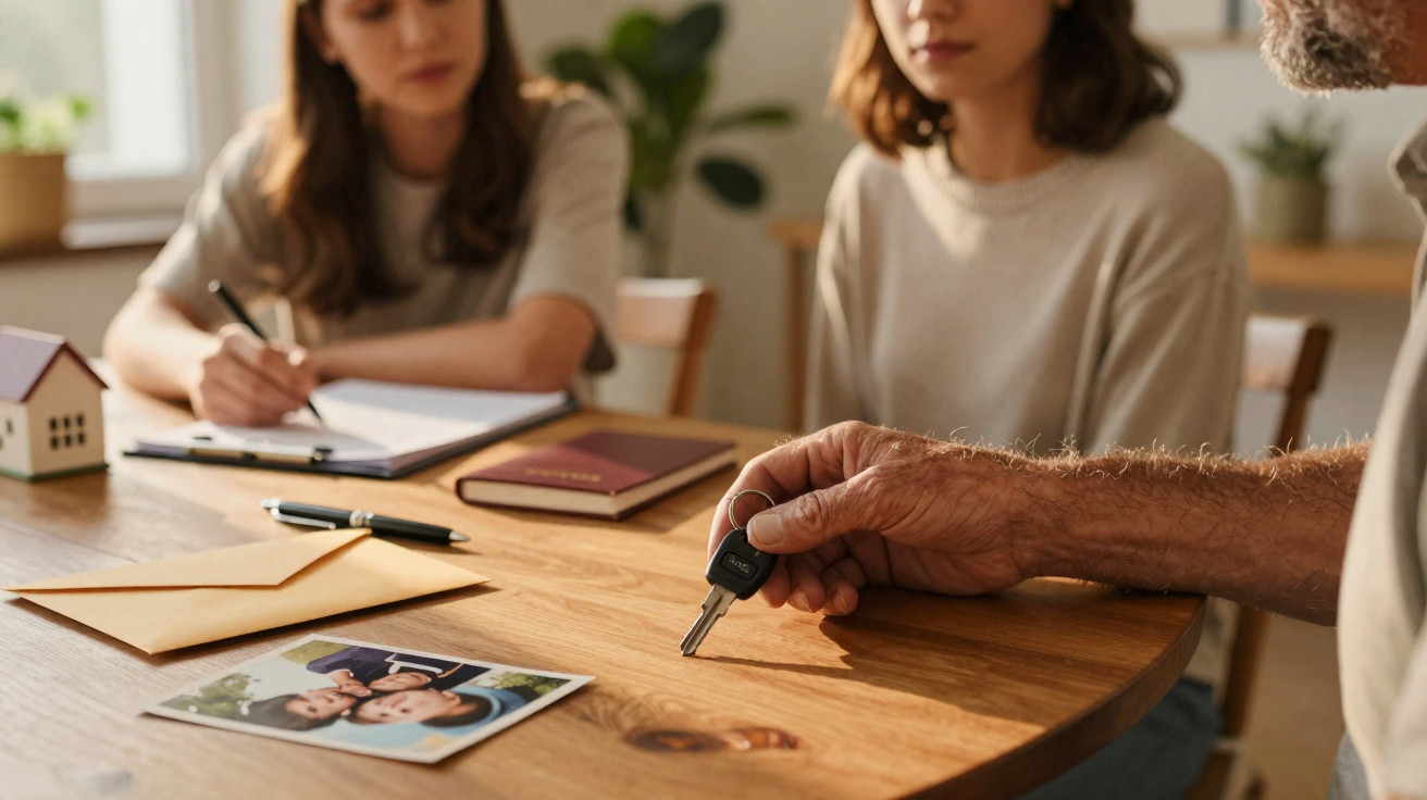 Mão masculina segurando chave sobre mesa com envelope, foto e duas mulheres discutindo documentos ao fundo.