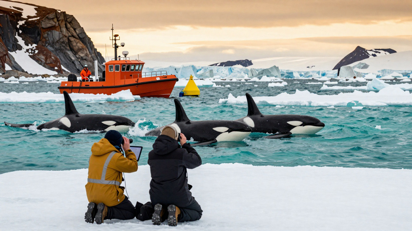 Duas pessoas observam e fotografam orcas no mar gelado perto de barco laranja e icebergues no pôr do sol.