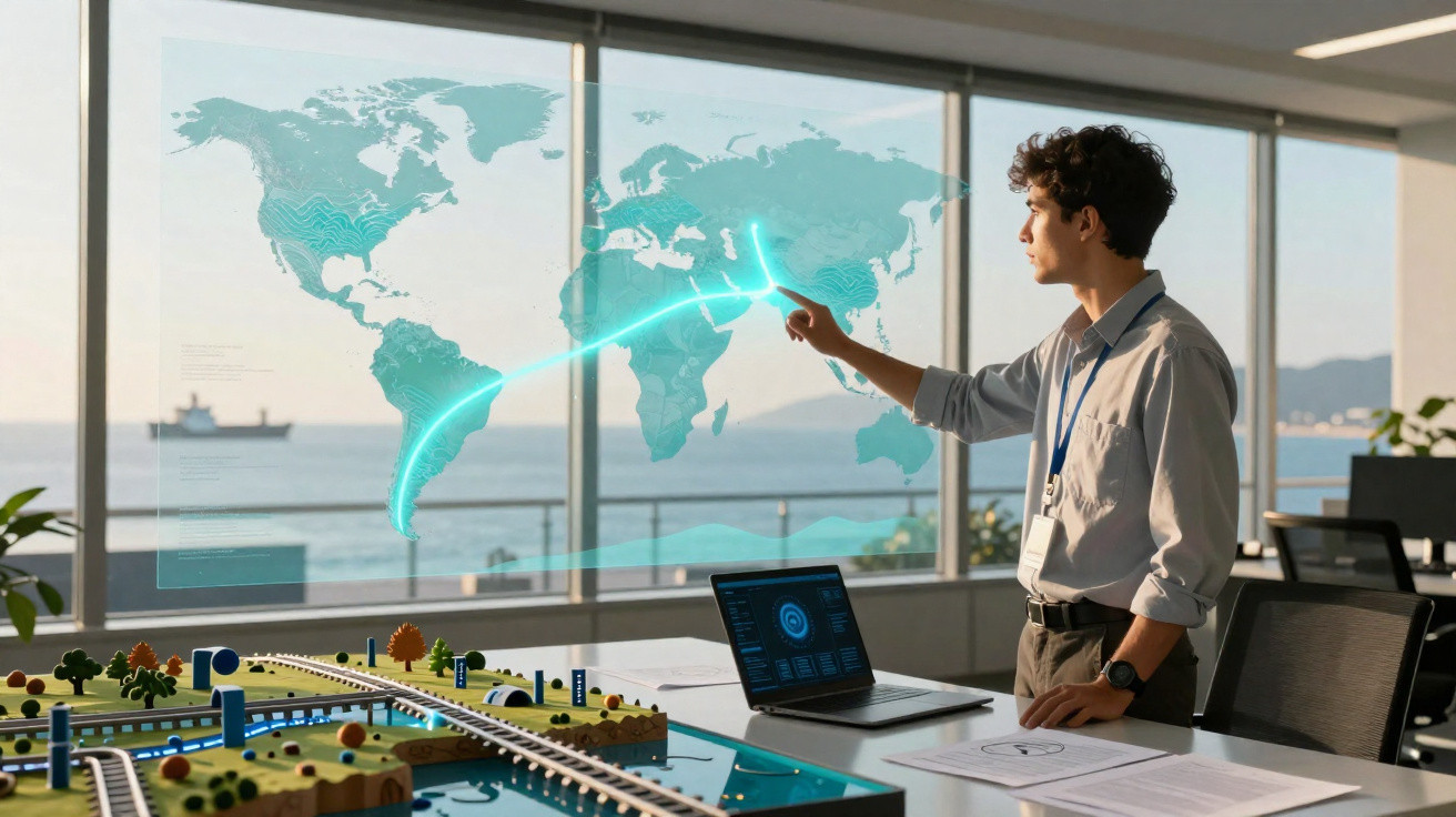 Homem interage com mapa digital holográfico em escritório com maquete de trem e laptop sobre a mesa.