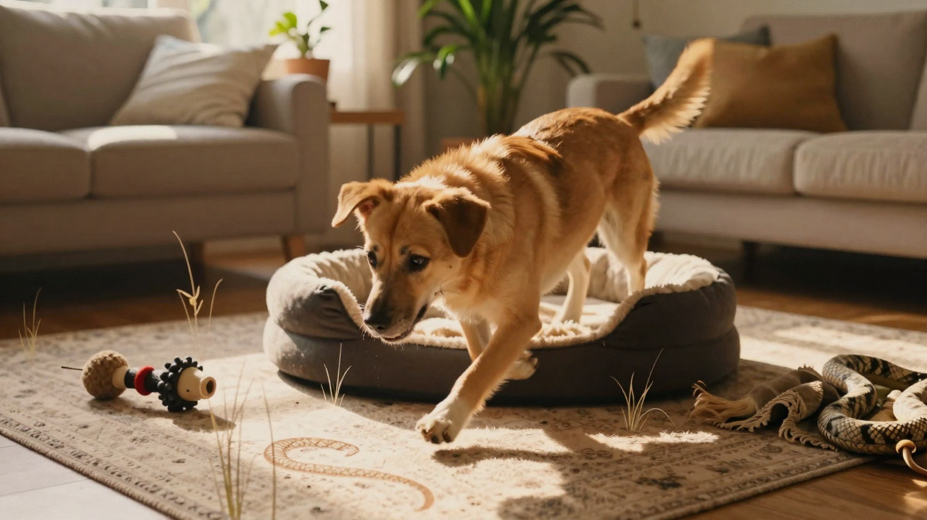 Cachorro marrom brincando no tapete da sala, com brinquedos e cama para cachorro ao redor.
