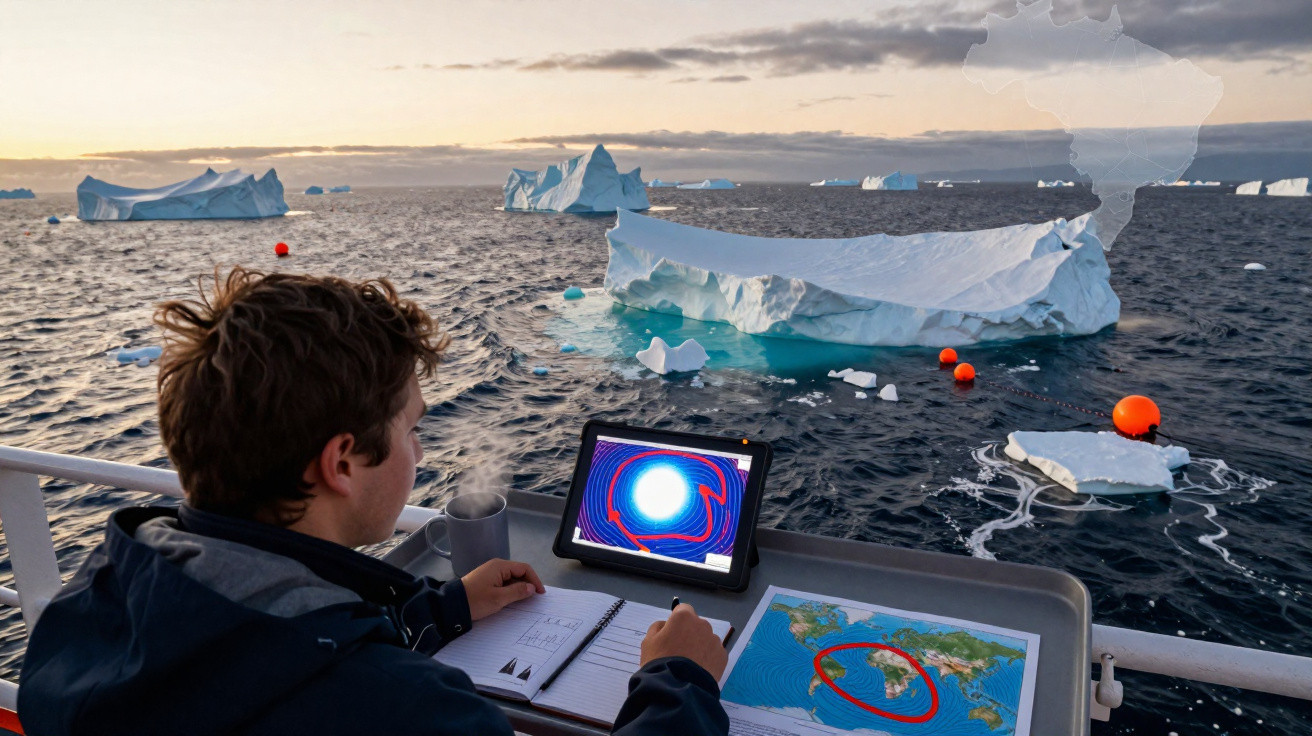 Pessoa estudando dados em tablet e mapas a bordo de barco, com icebergs no mar ao entardecer.