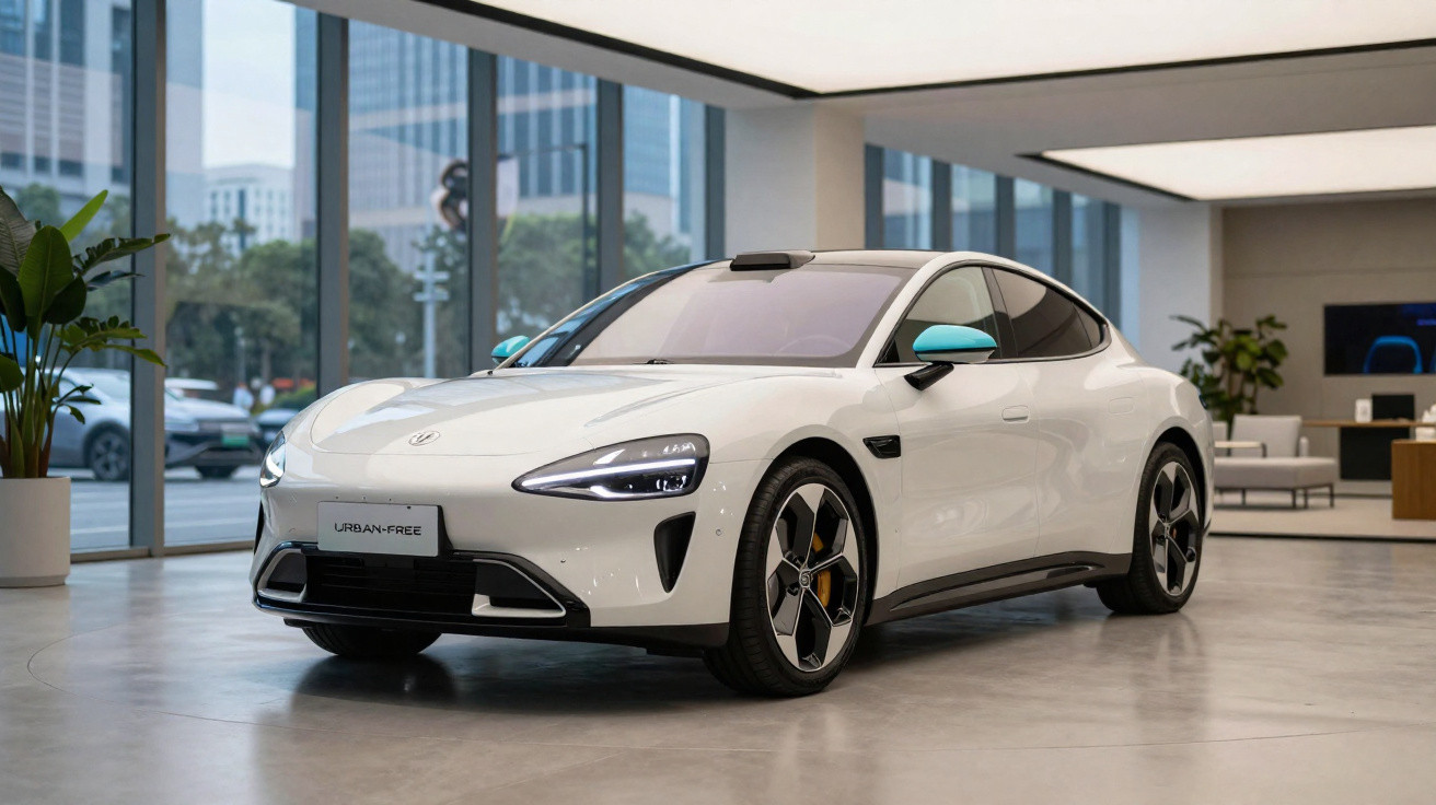 Carro elétrico branco estacionado em showroom moderno com piso cinza e grandes janelas de vidro.