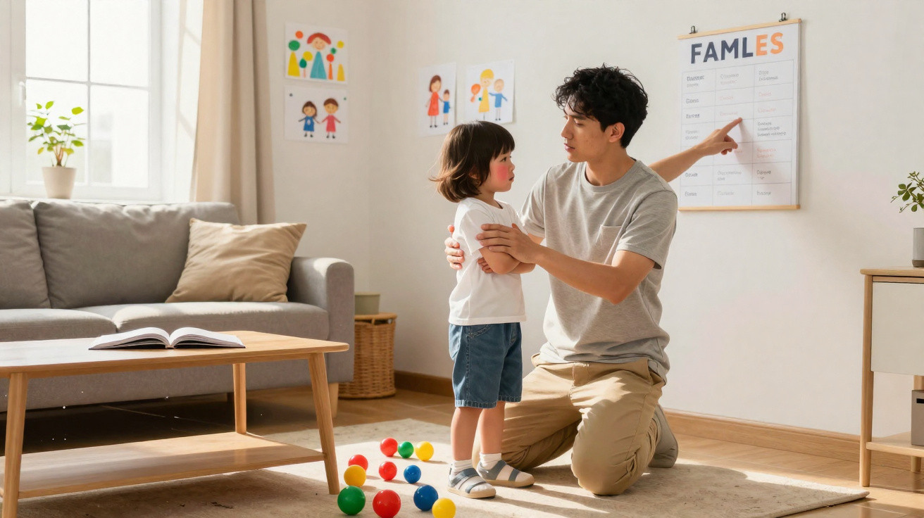 Pai e filho fazem atividade educacional em sala iluminada com brinquedos coloridos no chão.