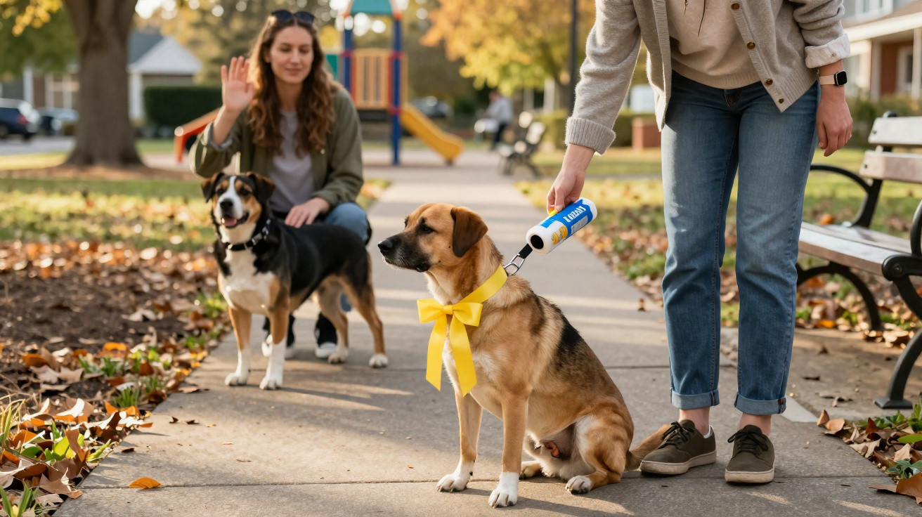 Mulher passeando com dois cachorros na calçada de parque com folhas secas no chão.