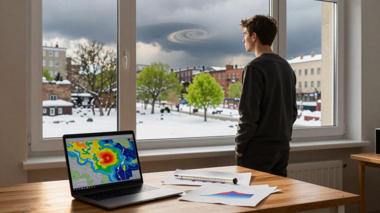 Jovem observa nuvem em espiral pela janela, com laptop e gráficos meteorológicos sobre a mesa.