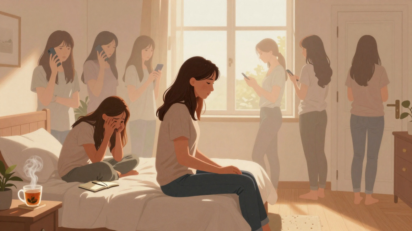 Mulher sentada na cama com expressão triste, várias versões dela ao redor utilizando celular em quarto iluminado.