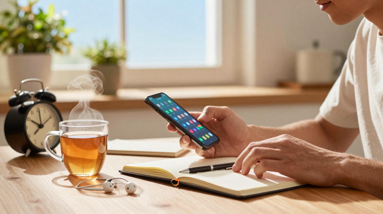Pessoa segurando celular e escrevendo em caderno, com chá quente, fones e relógio na mesa iluminada pela manhã.