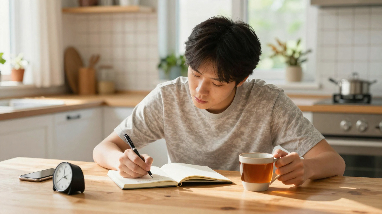 Jovem sentado à mesa da cozinha escrevendo em caderno e segurando uma caneca com chá.