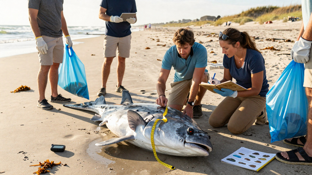 Equipe de pesquisadores mede e avalia um peixe grande encalhado na praia com equipamentos científicos.