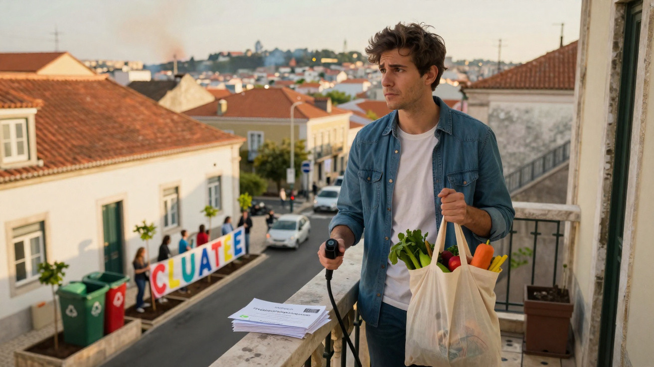 Jovem com sacola de compras e bengala observa rua com pessoas e cartaz colorido ao fundo.