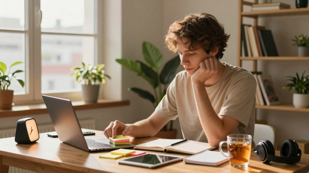 Jovem estudando em mesa com laptop, cadernos, post-its, tablet, chá e fone, em ambiente iluminado por janela.