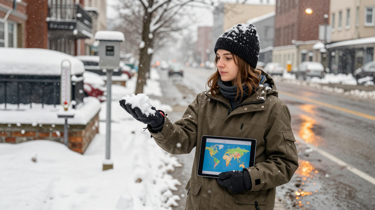 Mulher com casaco e touca preta segura tablet e bola de neve em rua coberta de neve durante o dia.