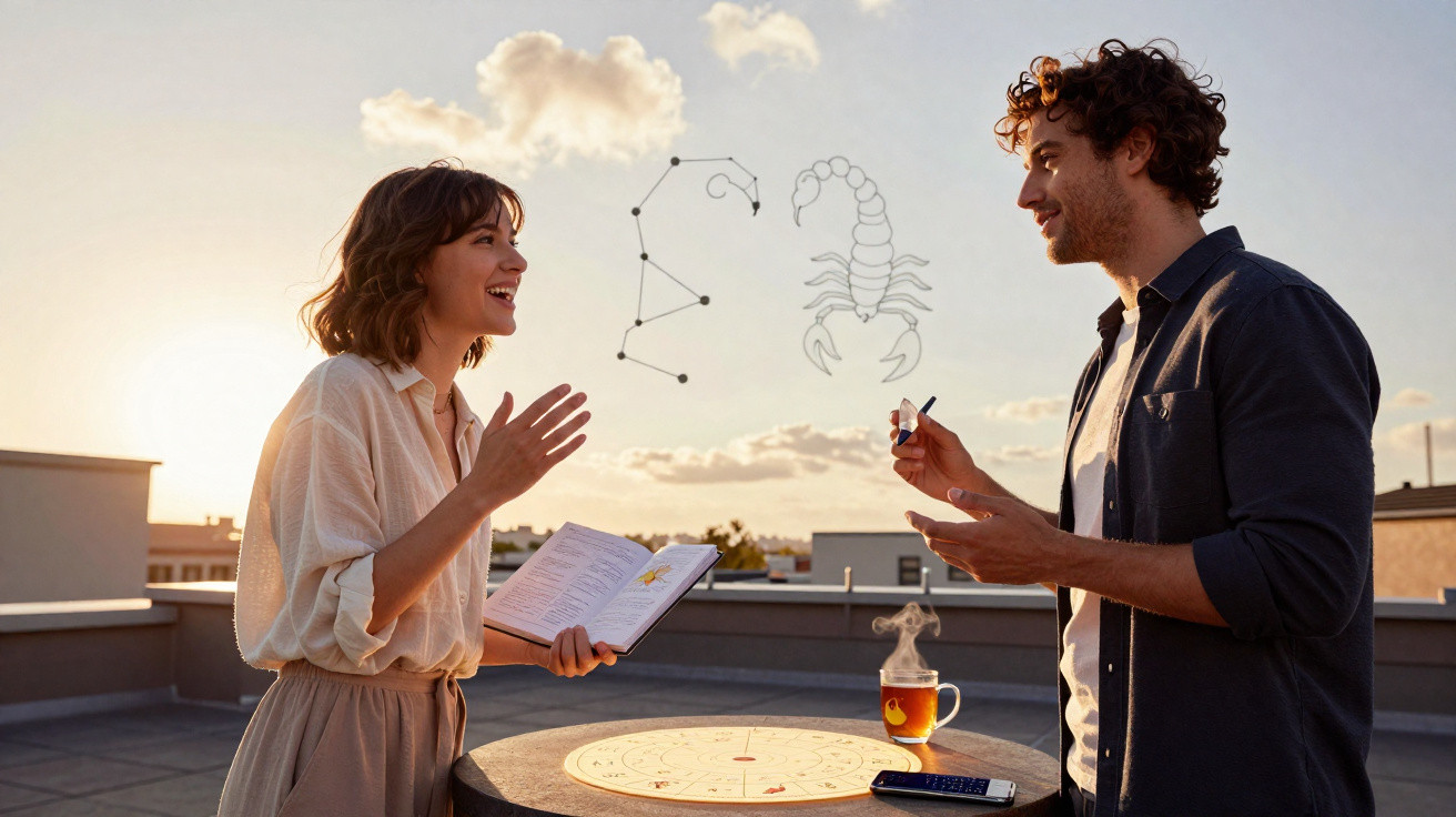 Casal conversa ao pôr do sol com mapa astral e escorpião transparente entre eles no terraço.