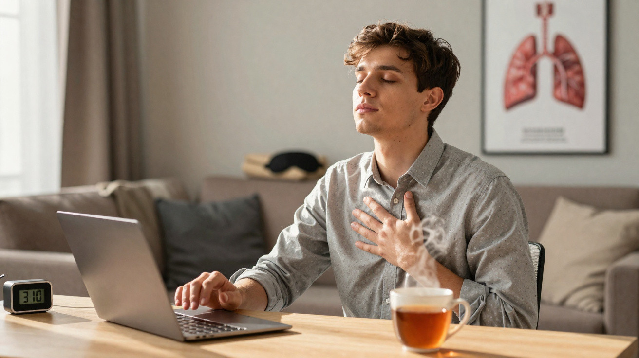 Jovem fazendo exercício de respiração profunda em casa, sentado à mesa com laptop e chá quente.