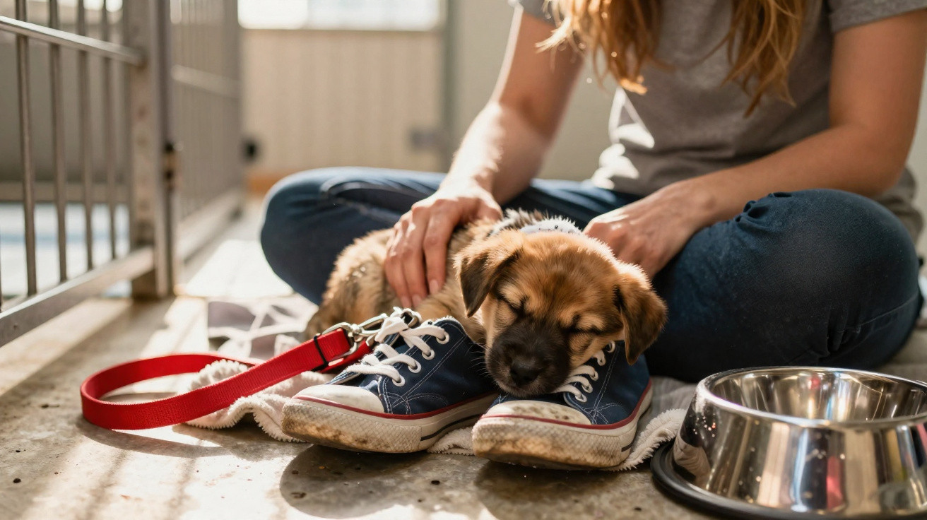 Cachorro dormindo com cabeça sobre tênis enquanto pessoa sentada ao fundo faz carinho.