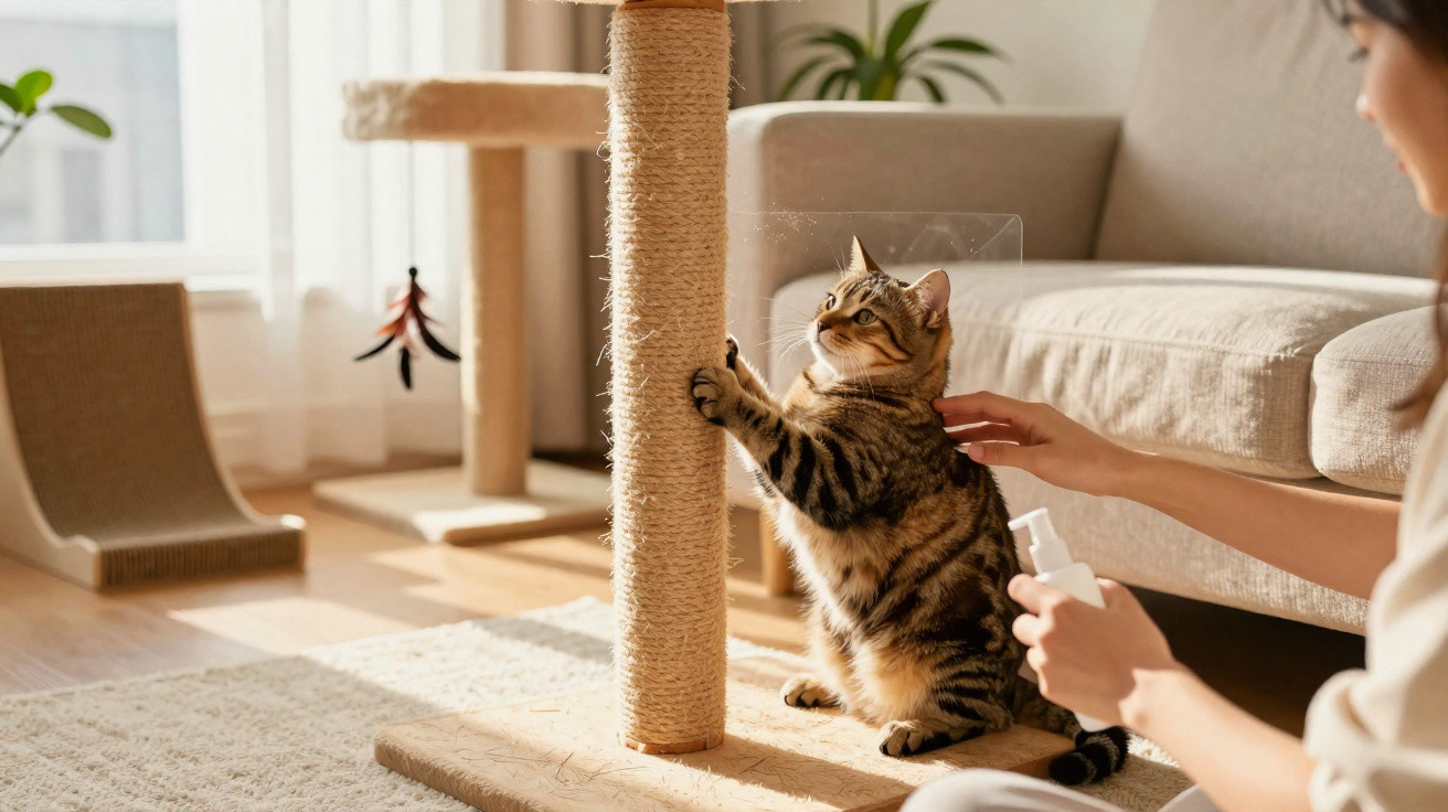Gato arranhando poste de sisal enquanto pessoa aplica spray para cuidados em ambiente iluminado.